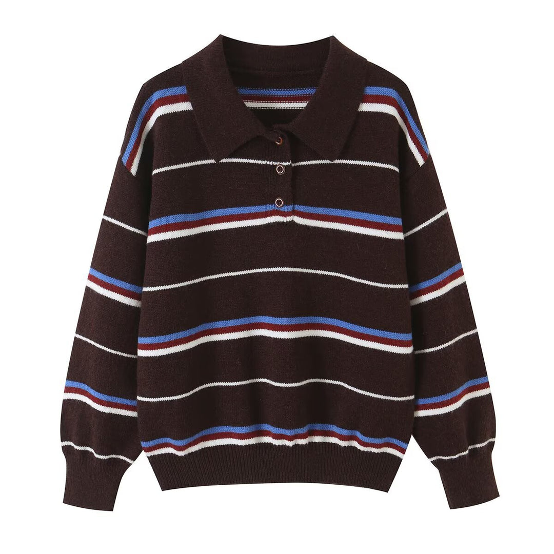 Women's Striped Knit Polo Sweater with Short Button Placket and Ribbed Cuffs Amarae