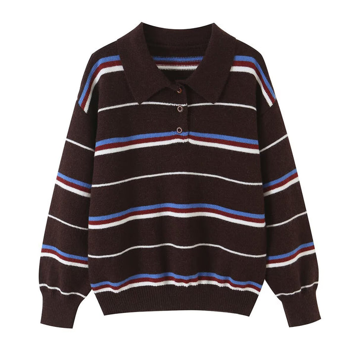 Women's Striped Knit Polo Sweater with Short Button Placket and Ribbed Cuffs Amarae