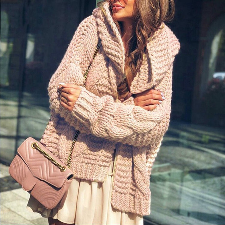 Oversized chunky knit jacket for women with shawl collar and large pockets Lune London