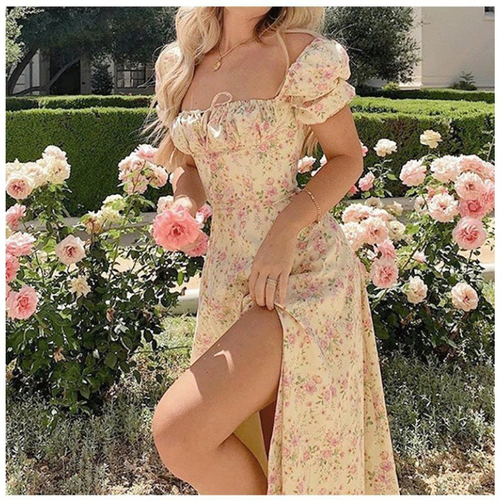 Chic Floral Patterned Puff Sleeve Midi Dress for Women