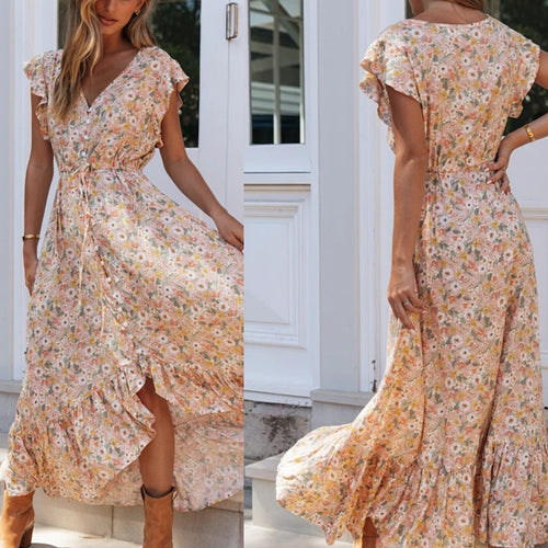Robe maxi femme avec un délicat imprimé floral et des détails en volants Chic & Stil