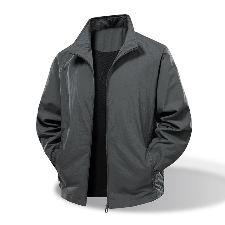 Men's Lightweight Windbreaker Outdoor Jacket with Stand Collar, Two-way Zipper and Concealed Pockets Amarae