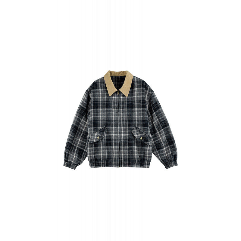 Unisex Checkered Boxy Over Shirt Jacket with Corduroy Collar, Concealed Zipper and Patch Flap Pockets Amarae