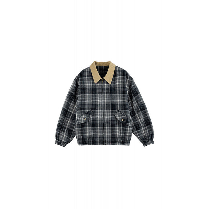 Unisex Checkered Boxy Over Shirt Jacket with Corduroy Collar, Concealed Zipper and Patch Flap Pockets Amarae