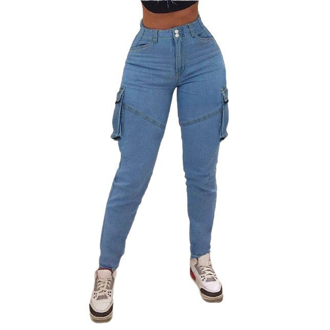 Women's high-waisted cargo slim jeans with side flap pockets and tapered leg Amarae