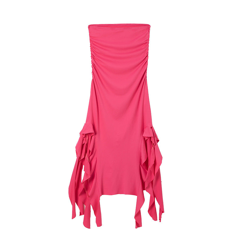 Lune London asymmetric hem gathered maxi dress for ladies