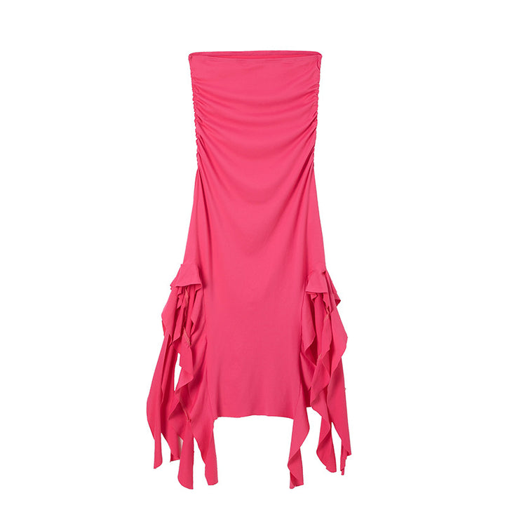 Lune London asymmetric hem gathered maxi dress for ladies