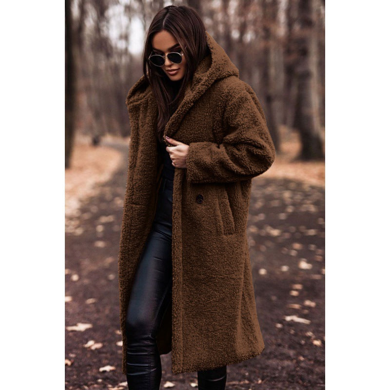 Ladies Plush Teddy Coat with Hood and Button Details Lune London