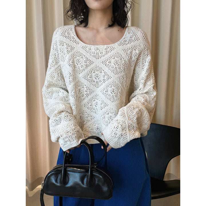 Women Casual Ajour Knit Sweater with Wide Boat Neck Amarae
