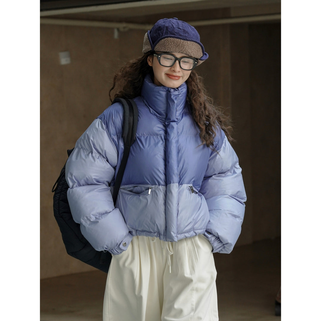 Women's Short Quilted Puffer Jacket with Colorblock, High Stand Collar and Drawstring Amarae