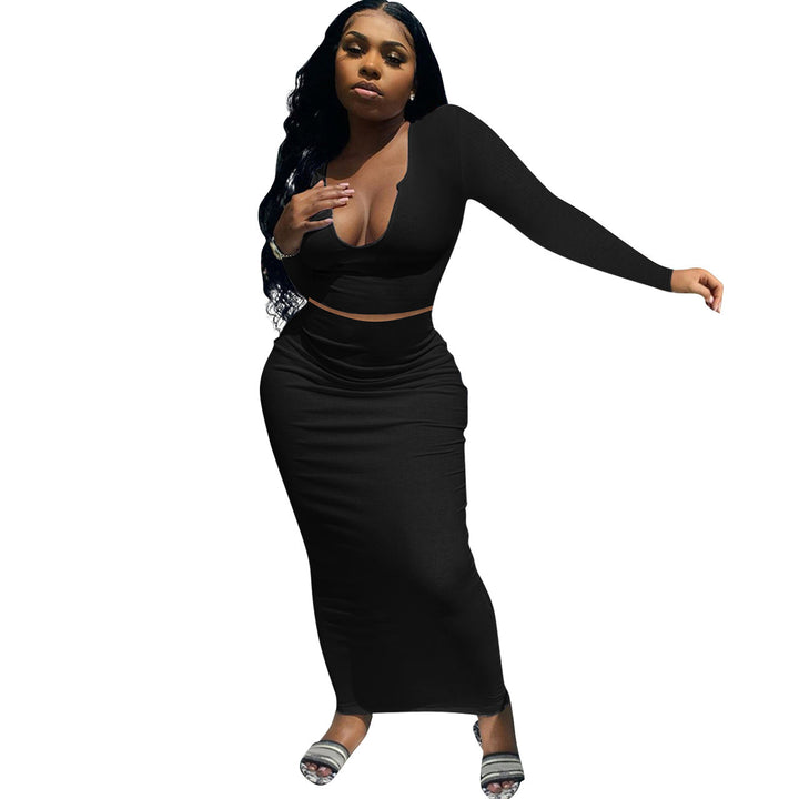 Fitted maxi dress for women with long sleeves and deep V neckline Lune London
