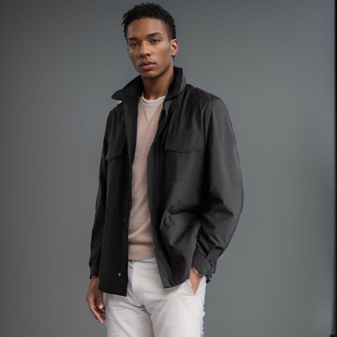 Practical transitional jacket for men with high collar and applied pockets Lune London