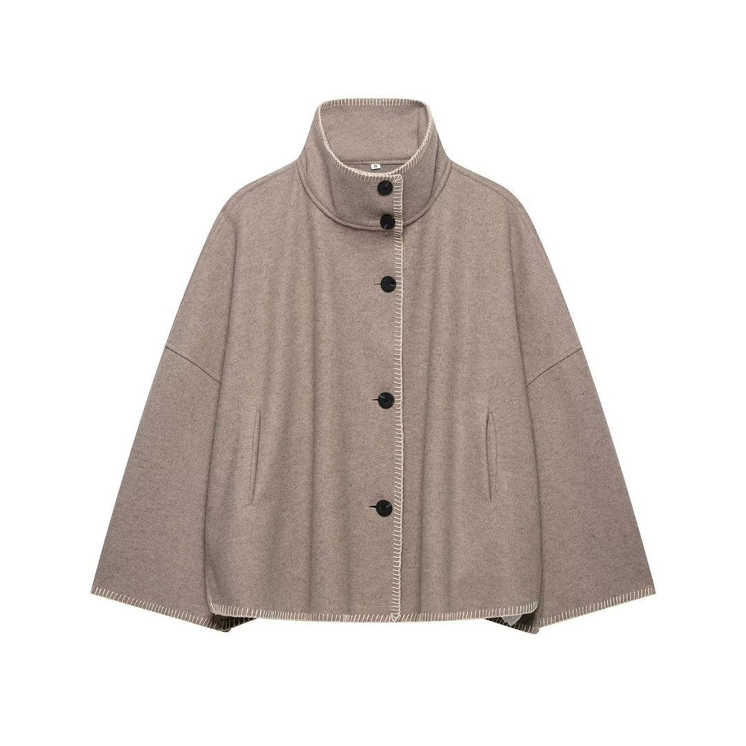Ladies Wool Blend Cape with High Stand Collar, Button Placket and Decorative Stitching