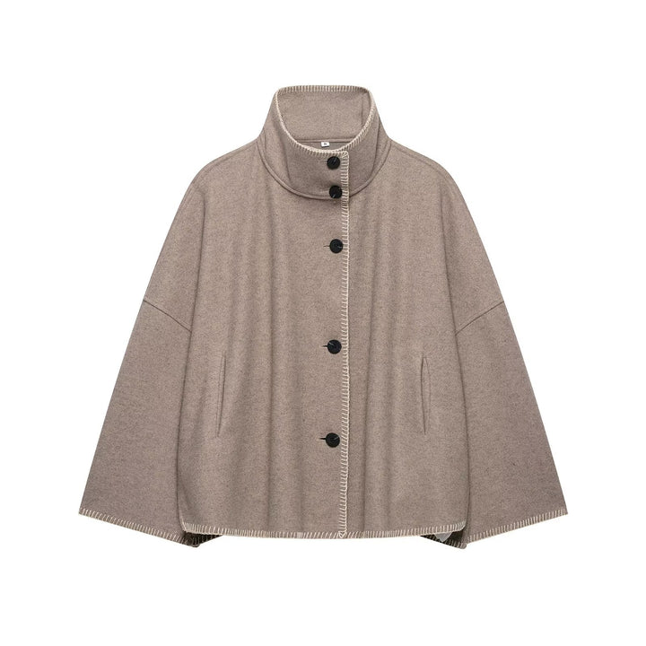 Ladies Wool Blend Cape with High Stand Collar, Button Placket and Decorative Stitching