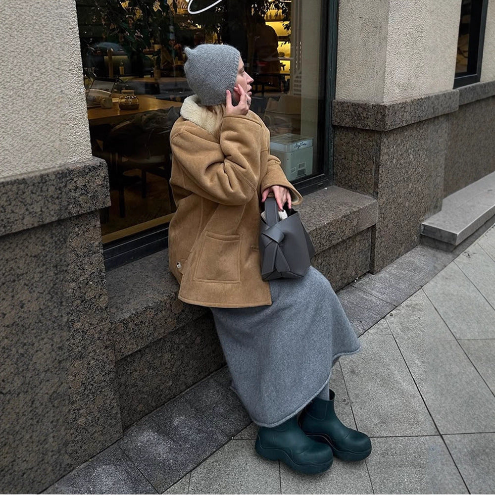 Women's Boxy Lambskin Look Coat with Folded Teddy Collar Amarae