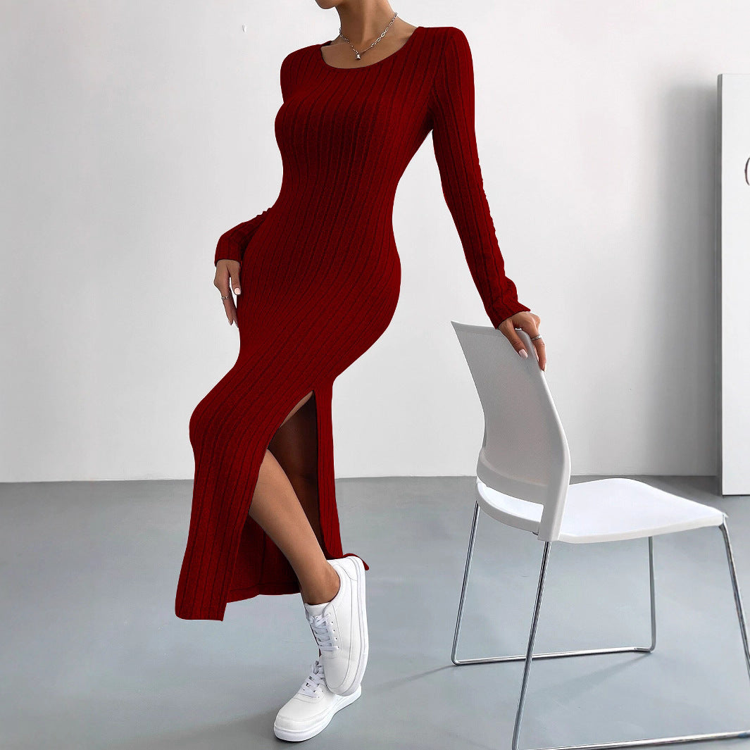 Robe maxi en maille pour femme avec manches longues et fente latérale Chic & Stil