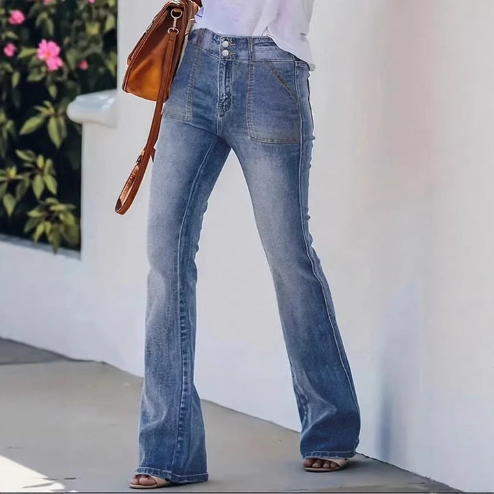 Women's High-Waisted Flared Denim Pants with Front Decorative Stitching and Shaping Waistband Amarae