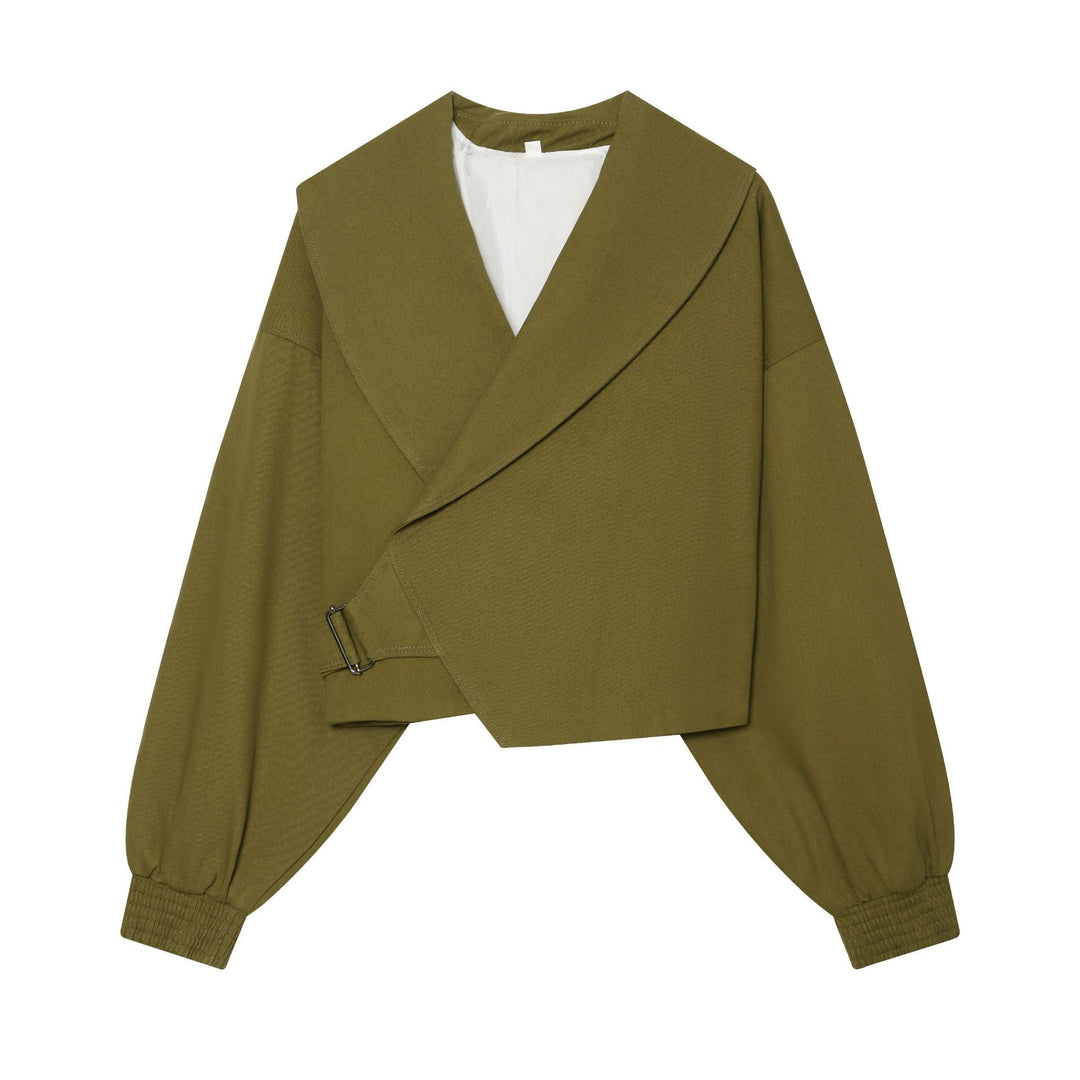 Women's short jacket with wide sailor collar, balloon sleeves, and asymmetrical buckle closure Amarae