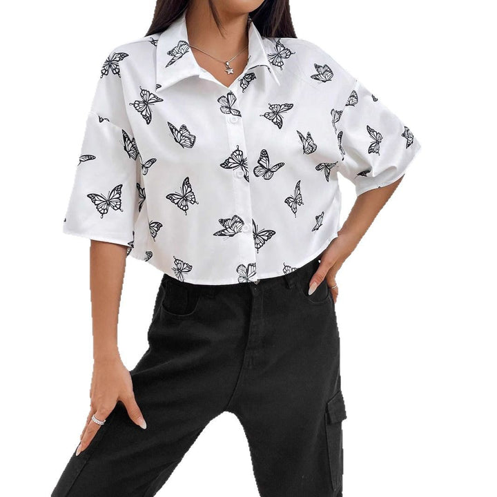 Short sleeve button-up shirt butterfly print Lune London