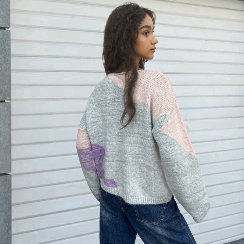 Creative knit sweater for women with asymmetrical neckline and colorful design Lune London