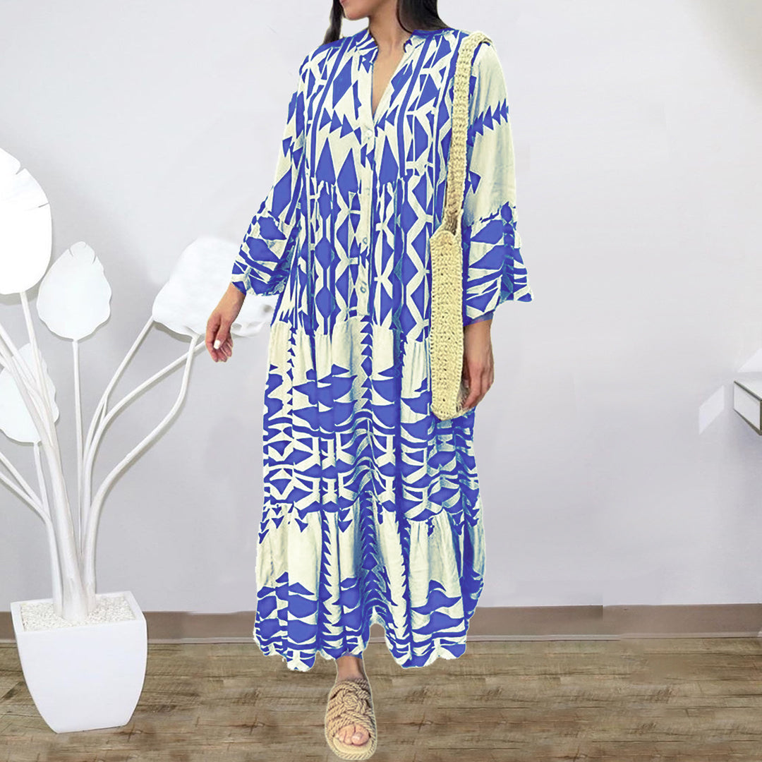 Women's Loose Maxi Dress in Boho Style with Graphic Print, V-Neck and Button Placket Amarae