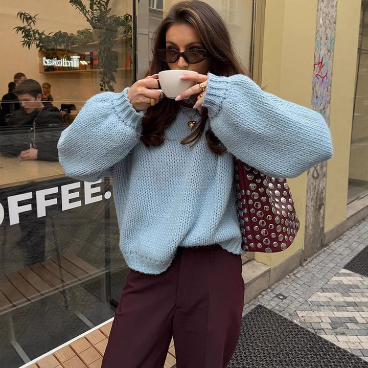 Women Oversize Chunky Knit Sweater with Balloon Sleeves and Wide Ribbed Collar Amarae