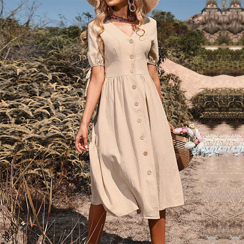 Buttoned A-line midi dress for ladies with ties