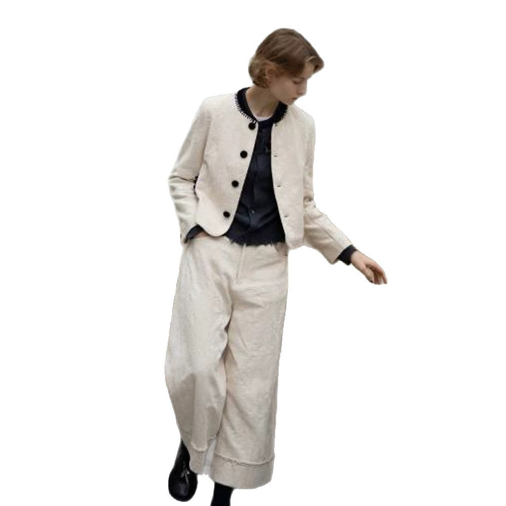 Women's Two-Piece Boucle Set with Short Jacket, Contrasted Round Neckline and Wide Culotte Pants Leg Amarae