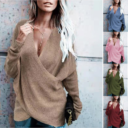 Ladies elegant wrap pullover with soft knit and deep V-neck Amarae