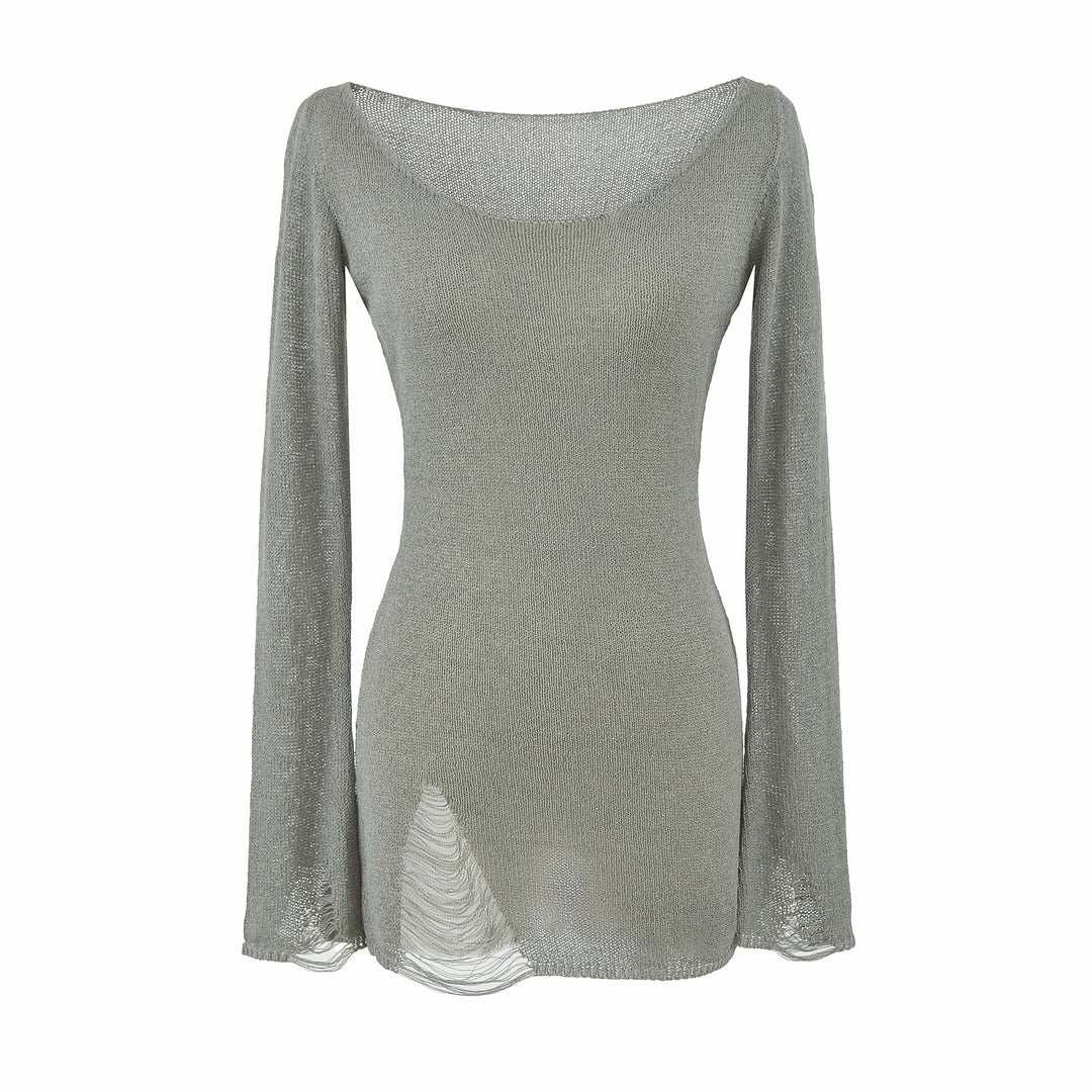 Women's fine knit tunic with bateau neckline, figure-hugging and bell sleeves Amarae