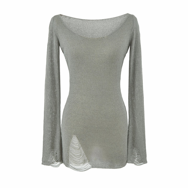 Women's fine knit tunic with bateau neckline, figure-hugging and bell sleeves Amarae