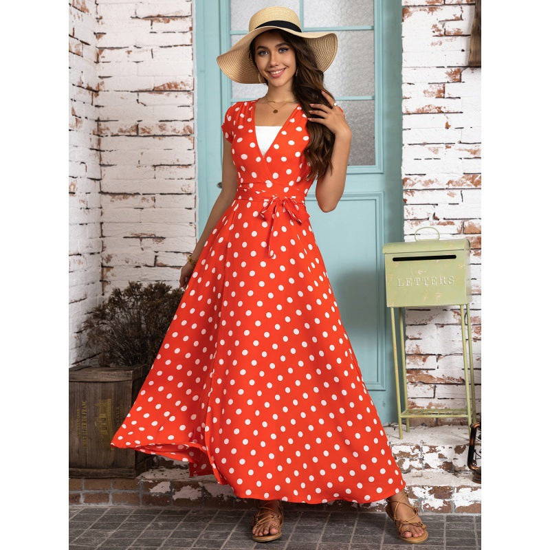 Polka dot wrap maxi dress for women with tied waist Lune London
