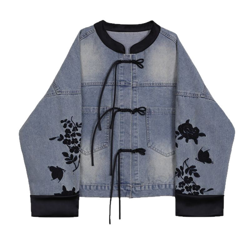 Veste en denim tendance pour femmes avec broderie florale et poignets élégants