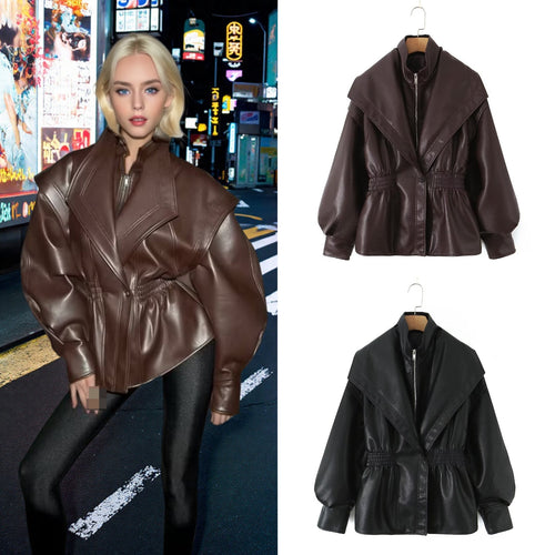 Faux leather jacket for women with asymmetrical collar and fitted cut Amarae