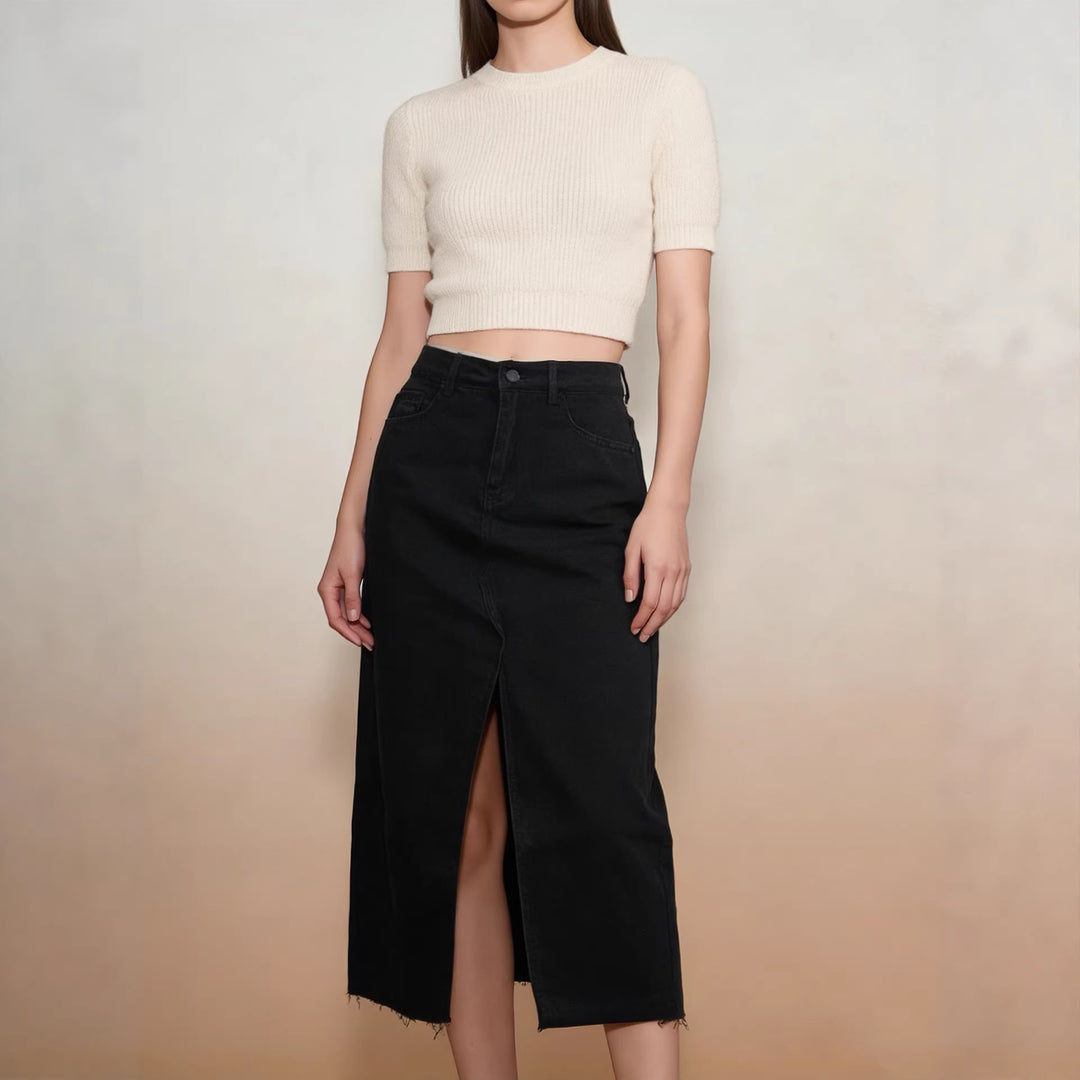 Women's Midi Denim Skirt with High Slit and Fringed Hem Lune London