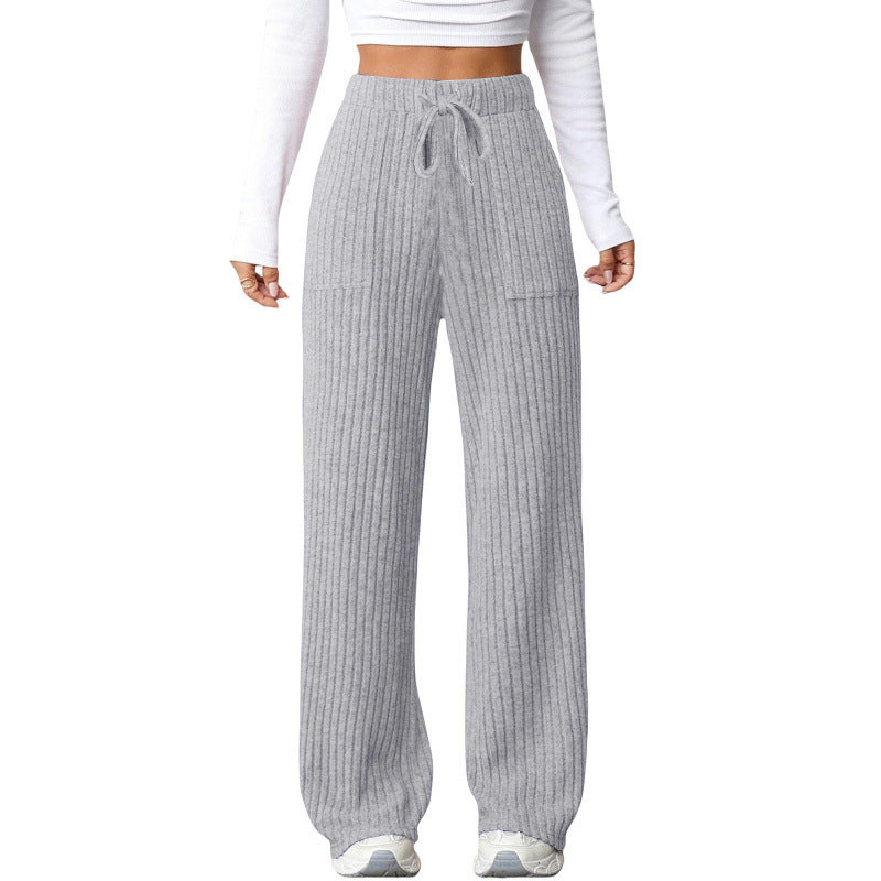 Ladies Wide Ribbed Lounge Pants with Drawstring and Patch Pockets Amarae