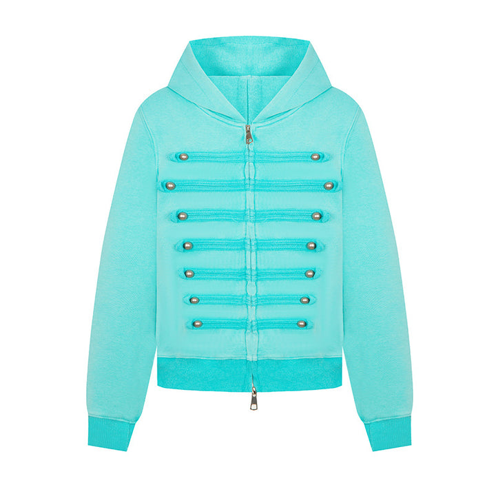 Ladies hooded sweat jacket in military style with decorative cords and metal buttons Amarae