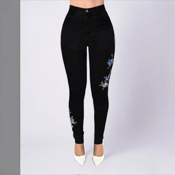Women High-Waisted Sculpting Skinny Jeans with Side Floral Embroidery Amarae