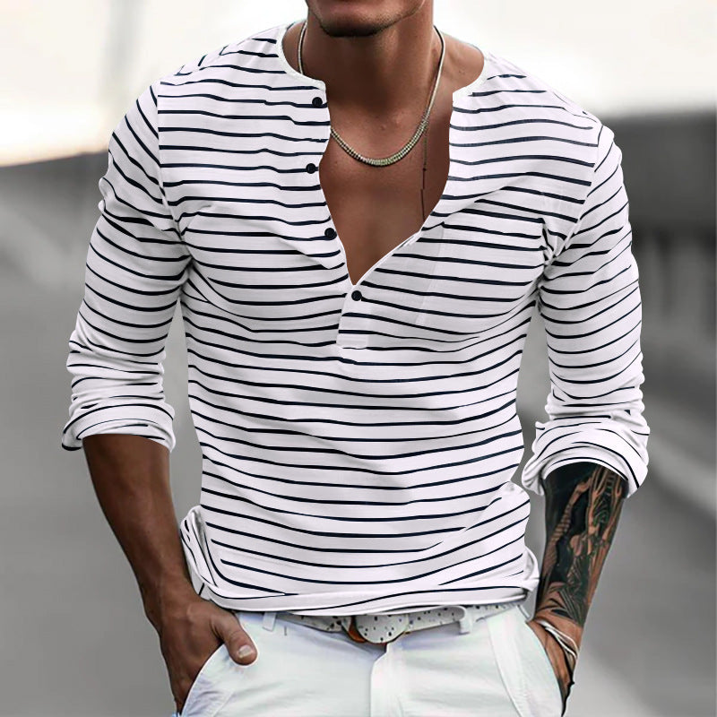 Striped long-sleeved shirt for men with button placket and V-neck Lune London