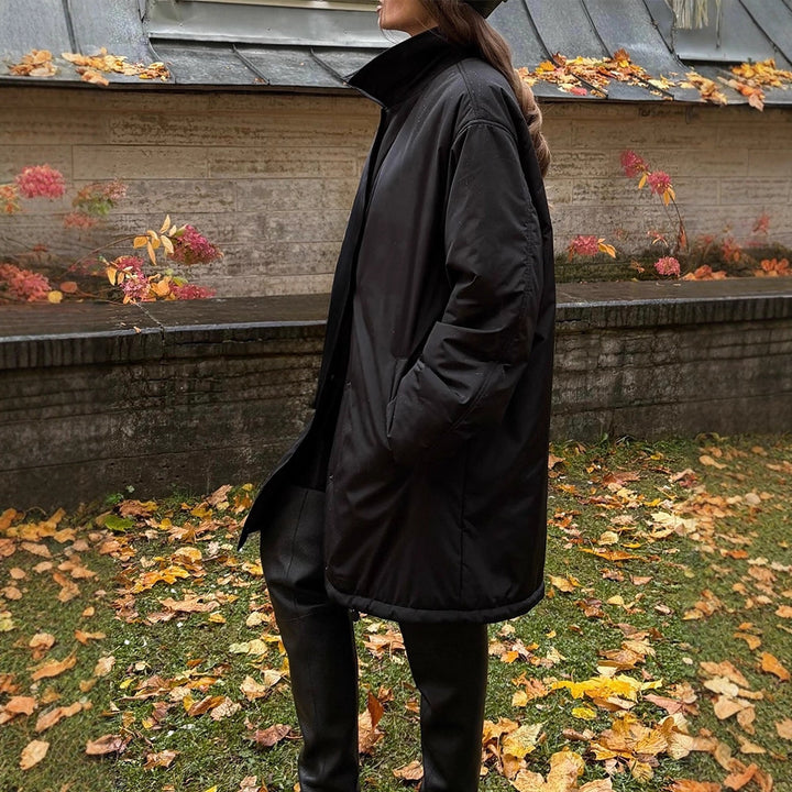 Women's transitional winter coat with minimalist quilting, high-closing collar and snap button closure Amarae