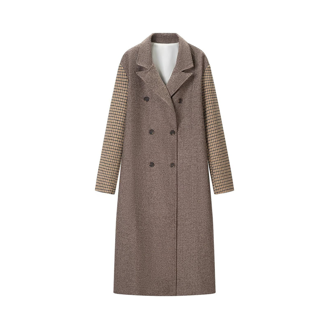 Women's elegant long coat with double-breasted, contrast sleeves and Glencheck details Amarae