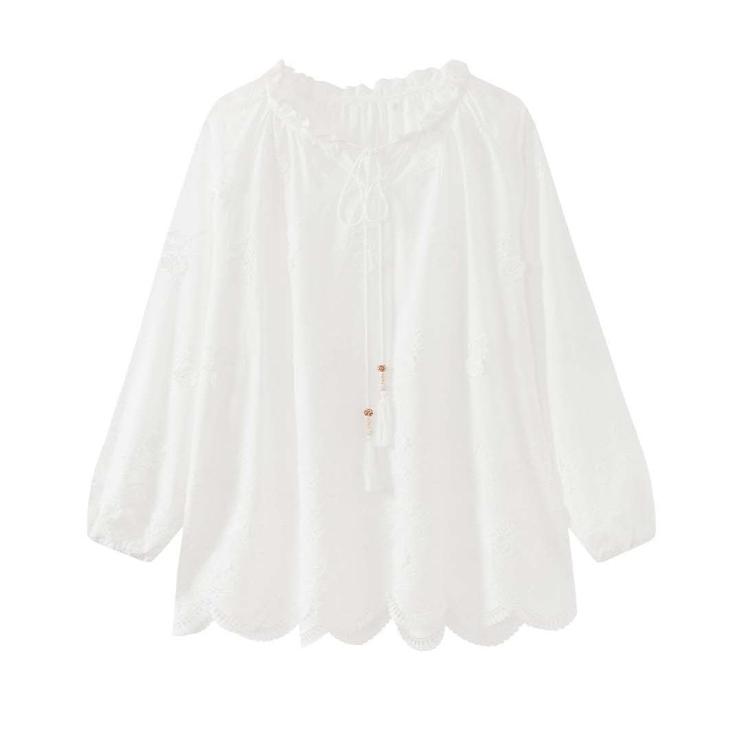 Ladies Embroidered Cotton Lace Blouse with Voluminous Sleeves and V-Neck Dress