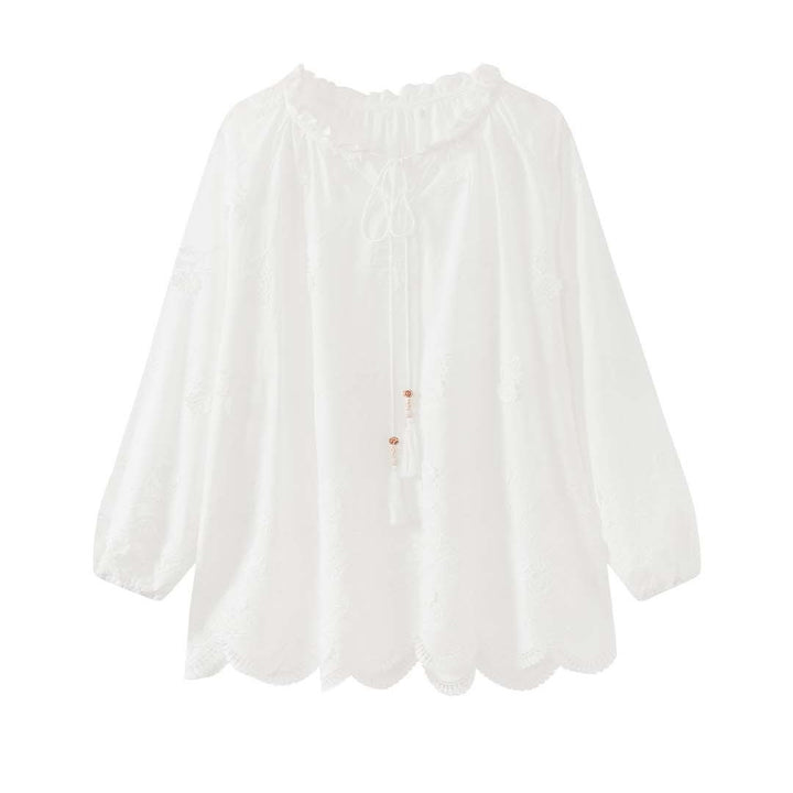 Ladies Embroidered Cotton Lace Blouse with Voluminous Sleeves and V-Neck Dress