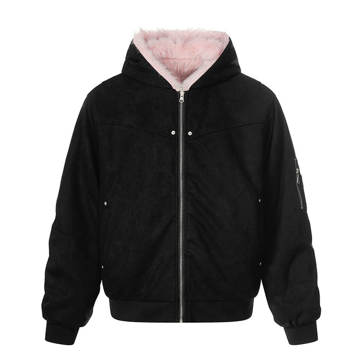 Women Padded Hooded Bomber Jacket with Faux Fur Lining, Velvet Outer Material and Zipper Amarae