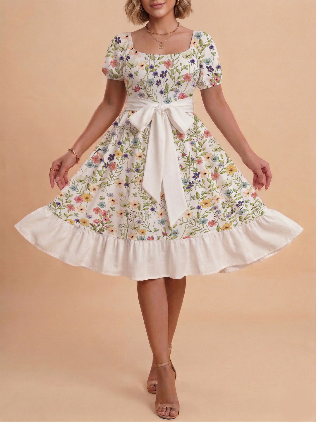 Women's floral dress with adjustable belt and voluminous sleeves Lune London