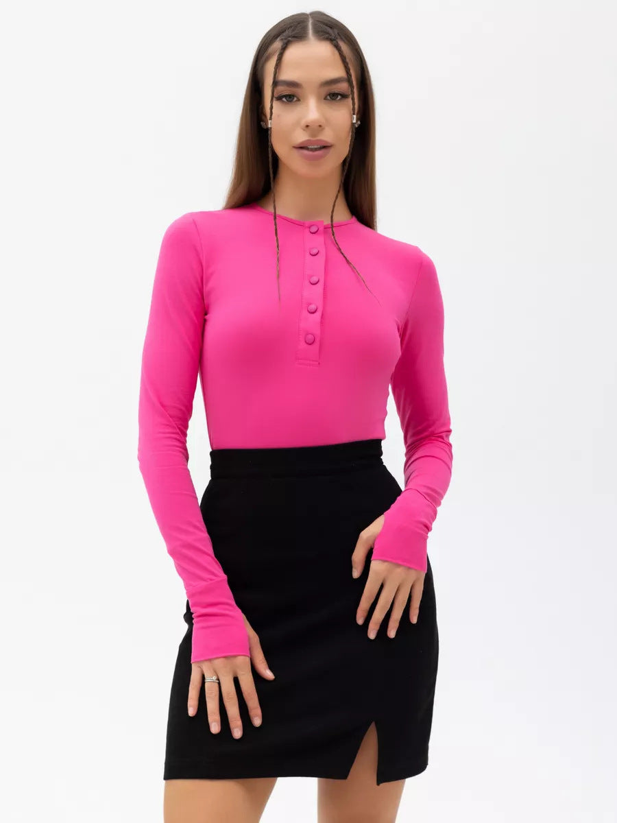 Women Long Sleeve Top with Button Placket and Fitted Cut Lune London