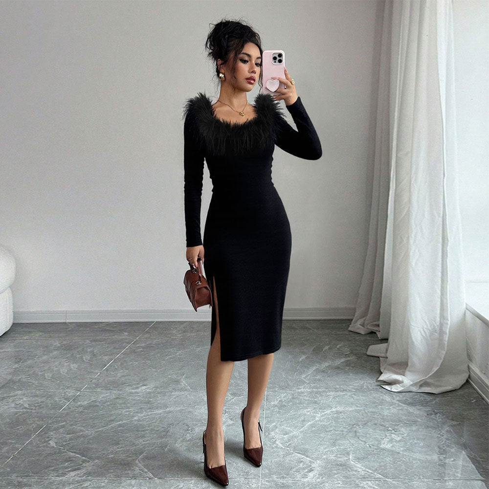Robe midi pour femme avec décoration en plumes élégante et fente sur le côté Chic & Stil