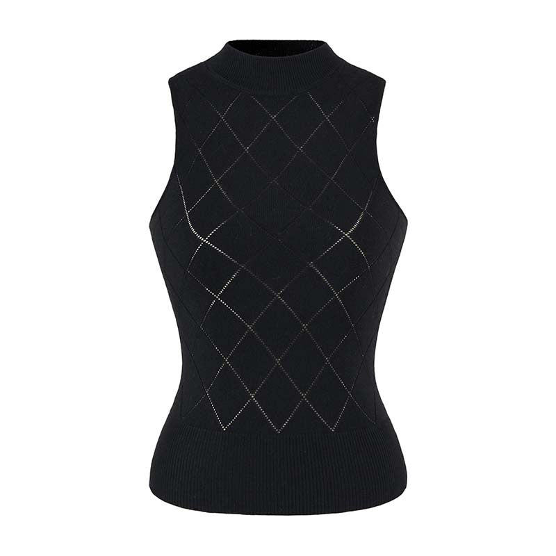 Women's Sleeveless Fine Knit Vest with Stand-Up Collar and Tailored Diamond Pattern Amarae