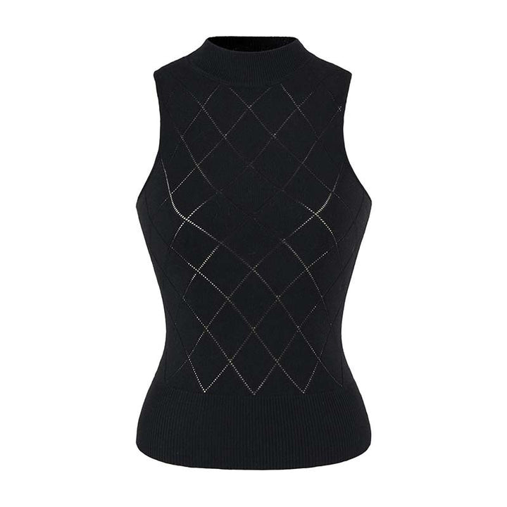 Women's Sleeveless Fine Knit Vest with Stand-Up Collar and Tailored Diamond Pattern Amarae