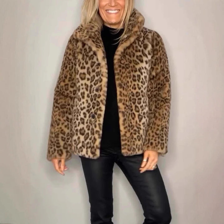 Ladies Leopard Print Faux Fur Jacket with High Collar Lune London
